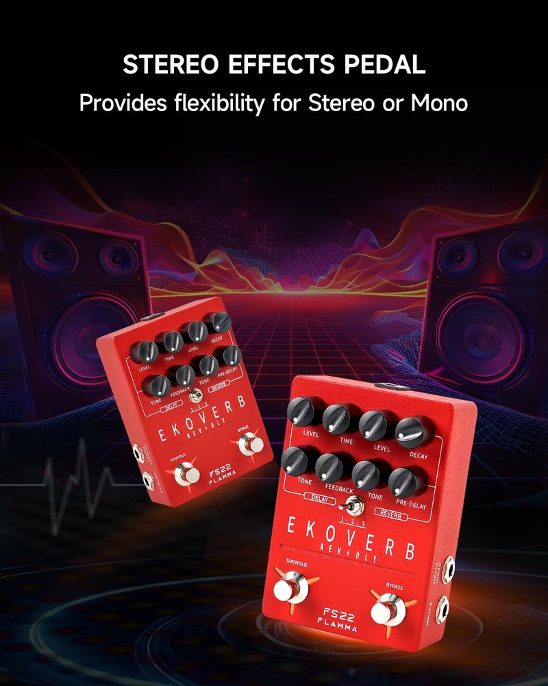 FLAMMA FS22 Stereo Delay & Reverb Combo Effects Pedal Ambient Guitar Pedal with 3 Pairs Combo Effects Reverse Delay Shimmer Reverb Tap Tempo Freeze Trail On Function - Image 3